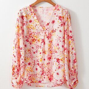 Pink Ditsy Floral Bubble Sleeve V Neck Blouse Item